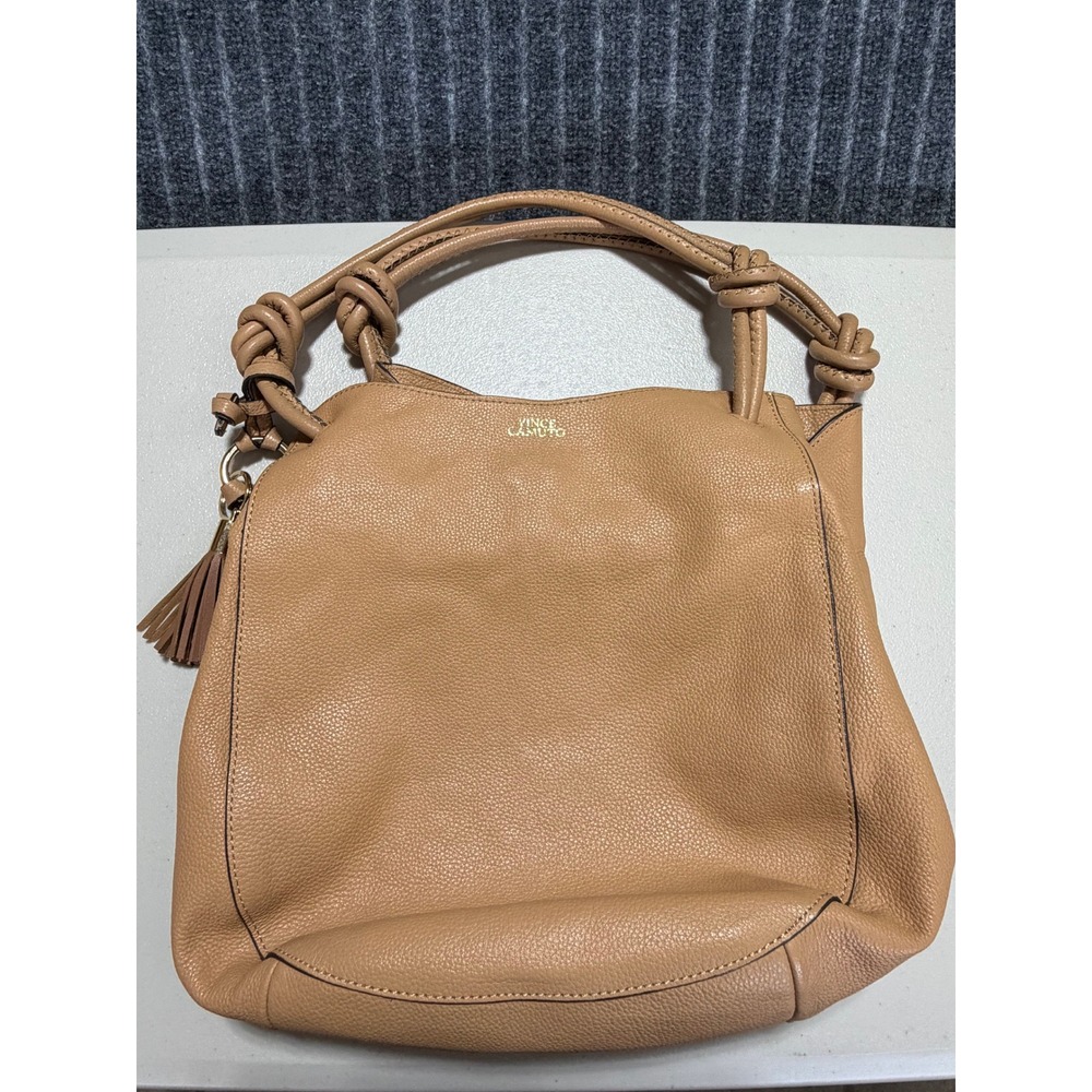 Vince Camuto Hobo Bag Women Large Tan Pebbled Leather Knotted Tassel Casual